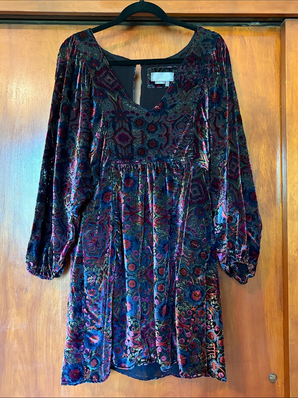 Anthropologie Velvet Floral Empire-Waist Mini Dress in Deep Jewel Tones